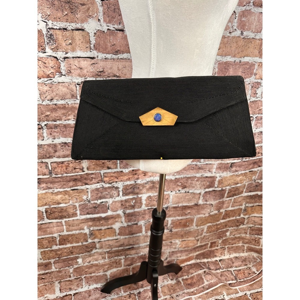 Korday Black Corde Large Envelope Clutch Brass Clasp/w Blue Enamel Hardware Glam